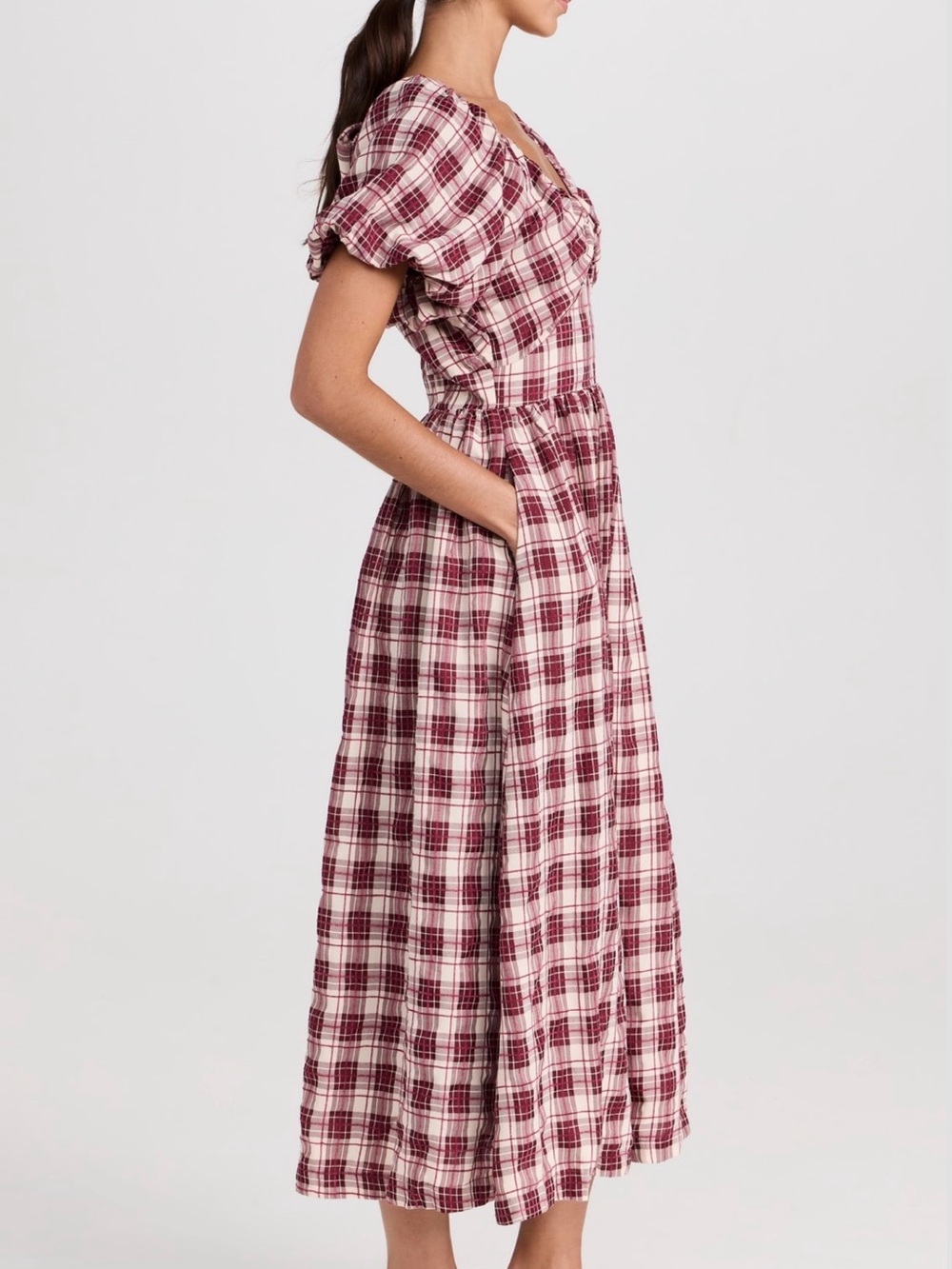 En Saison Burgundy and Cream Plaid Puff-Sleeve Maxi Dress - Picture 3 of 9